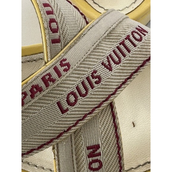 Louis Vuitton Logo Wedge Sandals Heels Espadrilles Cream w Yellow Patent EU 37 - Picture 4 of 11